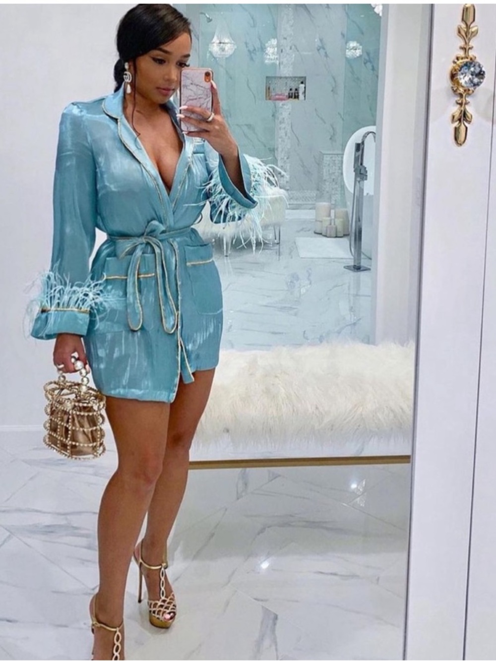 Light Blue Feather-Trim Women's dress